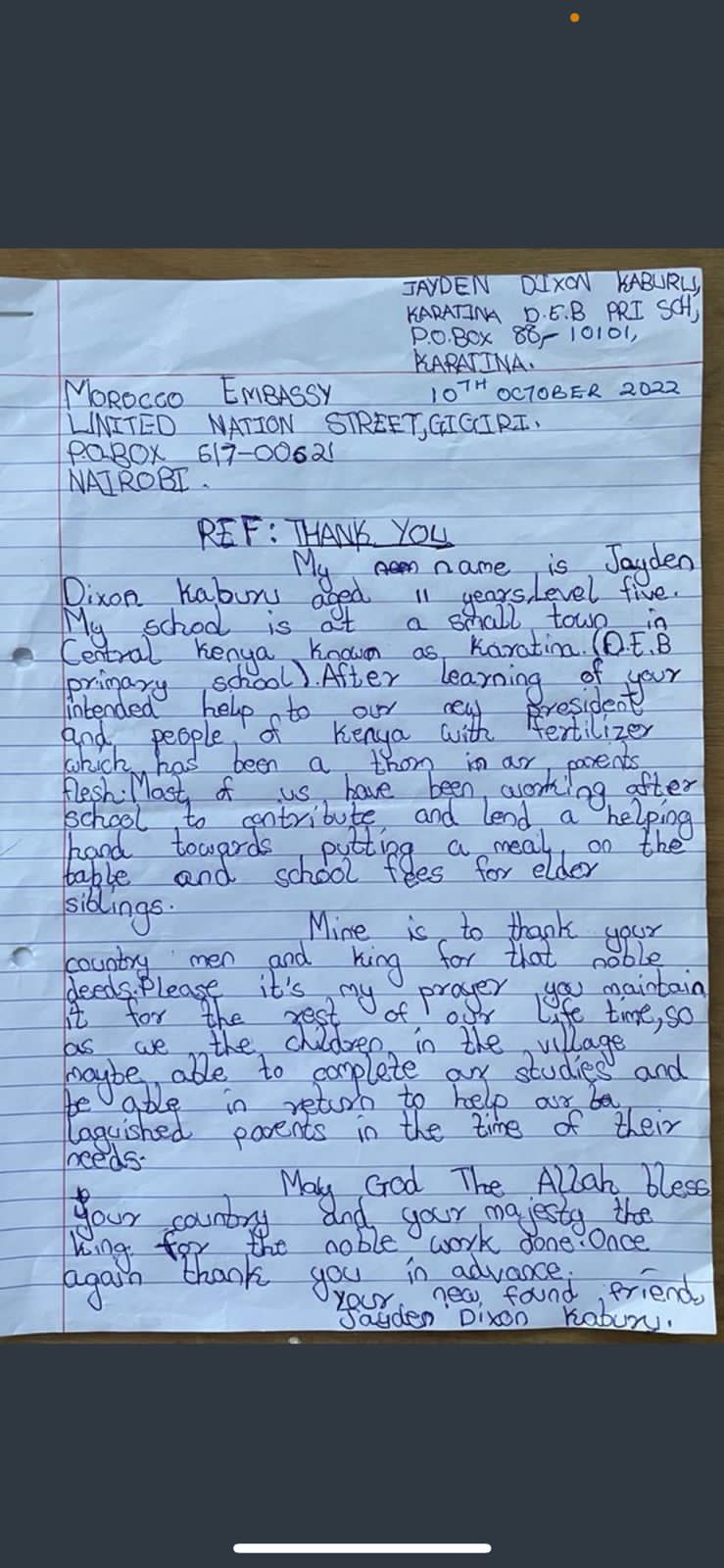 Kenya : un enfant de 11 ans remercie le Roi du Maroc pour l’envoi de fertilisants dans son pays